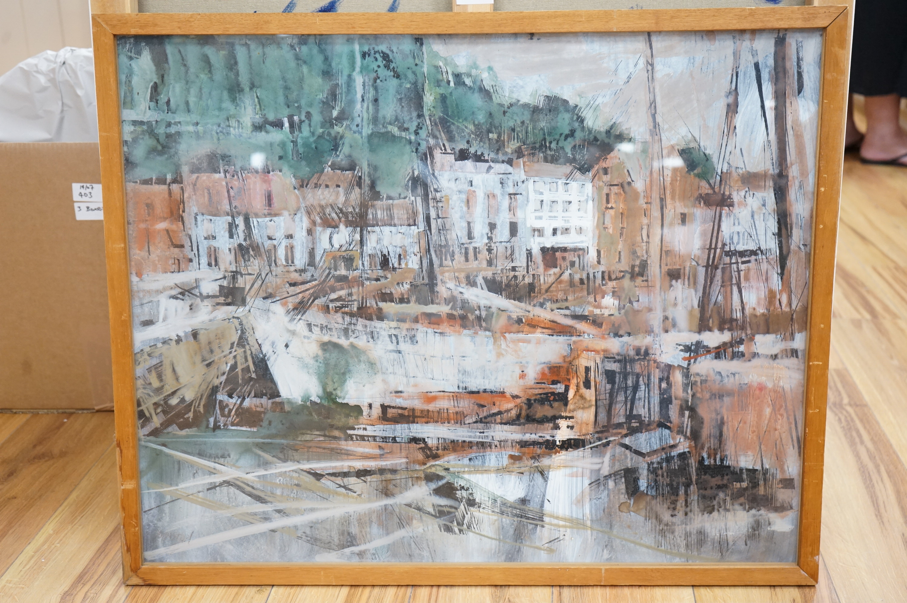 Modern British, Harbour view with moored boats, unsigned, gouache and mixed media, 59 x 74cm